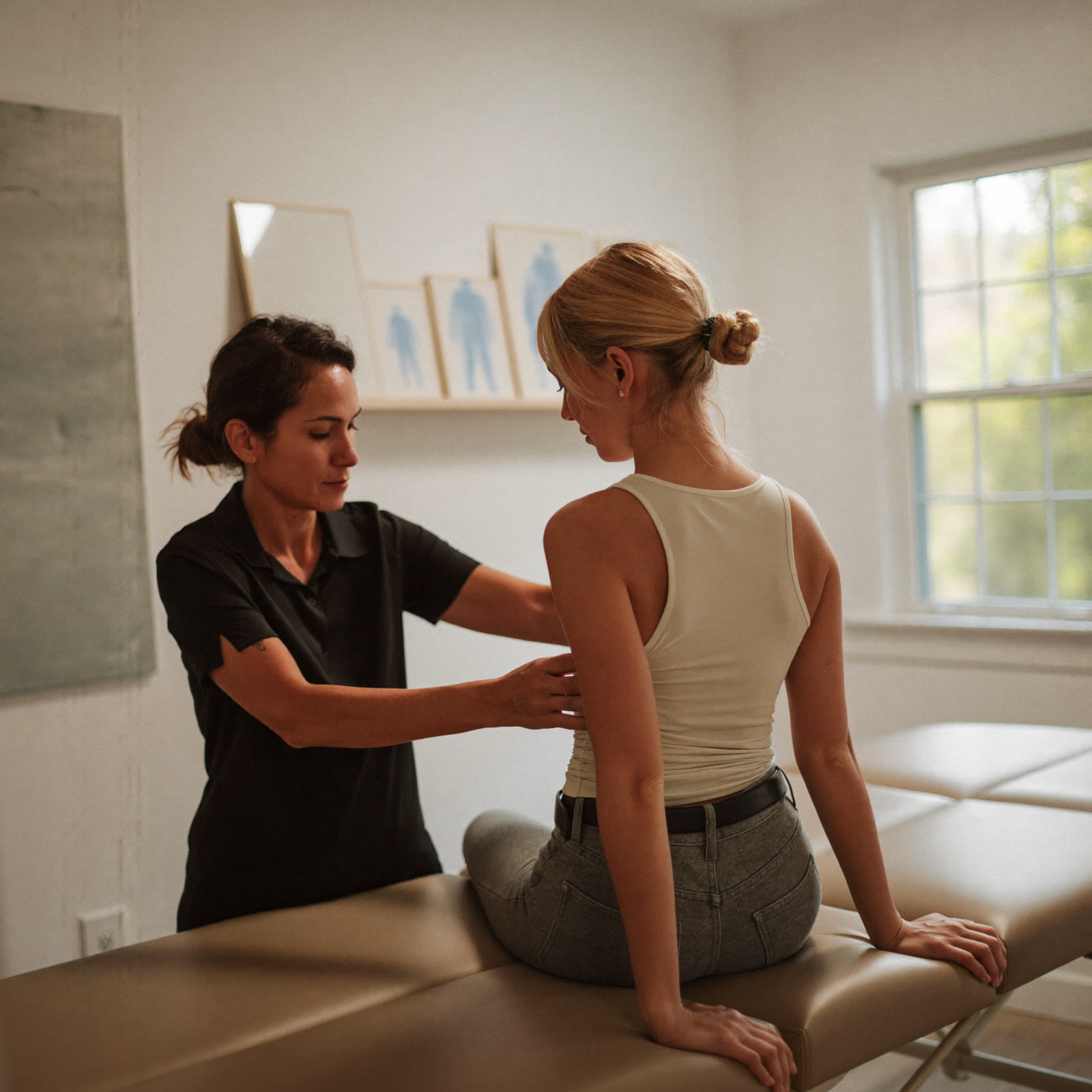 Female chiropractor performing a chronic pain posture assessment in Lombard, IL