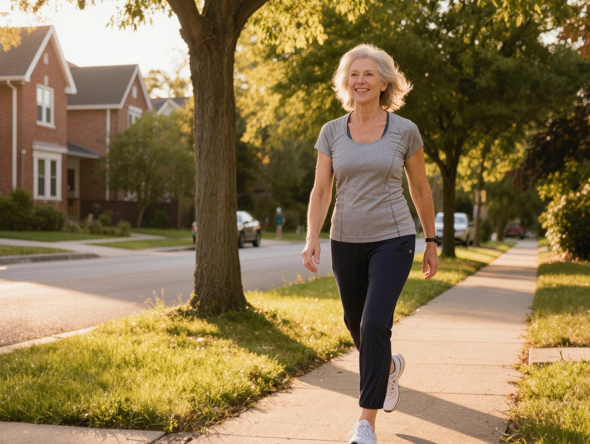 Woman walking pain-free in a Lombard, IL neighborhood after laser therapy