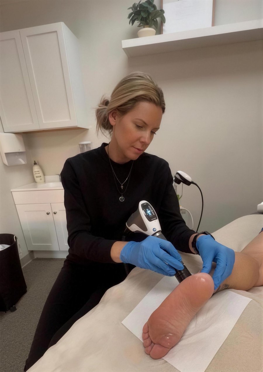 Dr. Amanda Myers applying shockwave therapy to a patient's heel for plantar fasciitis at True Health Chiropractic in Lombard, IL