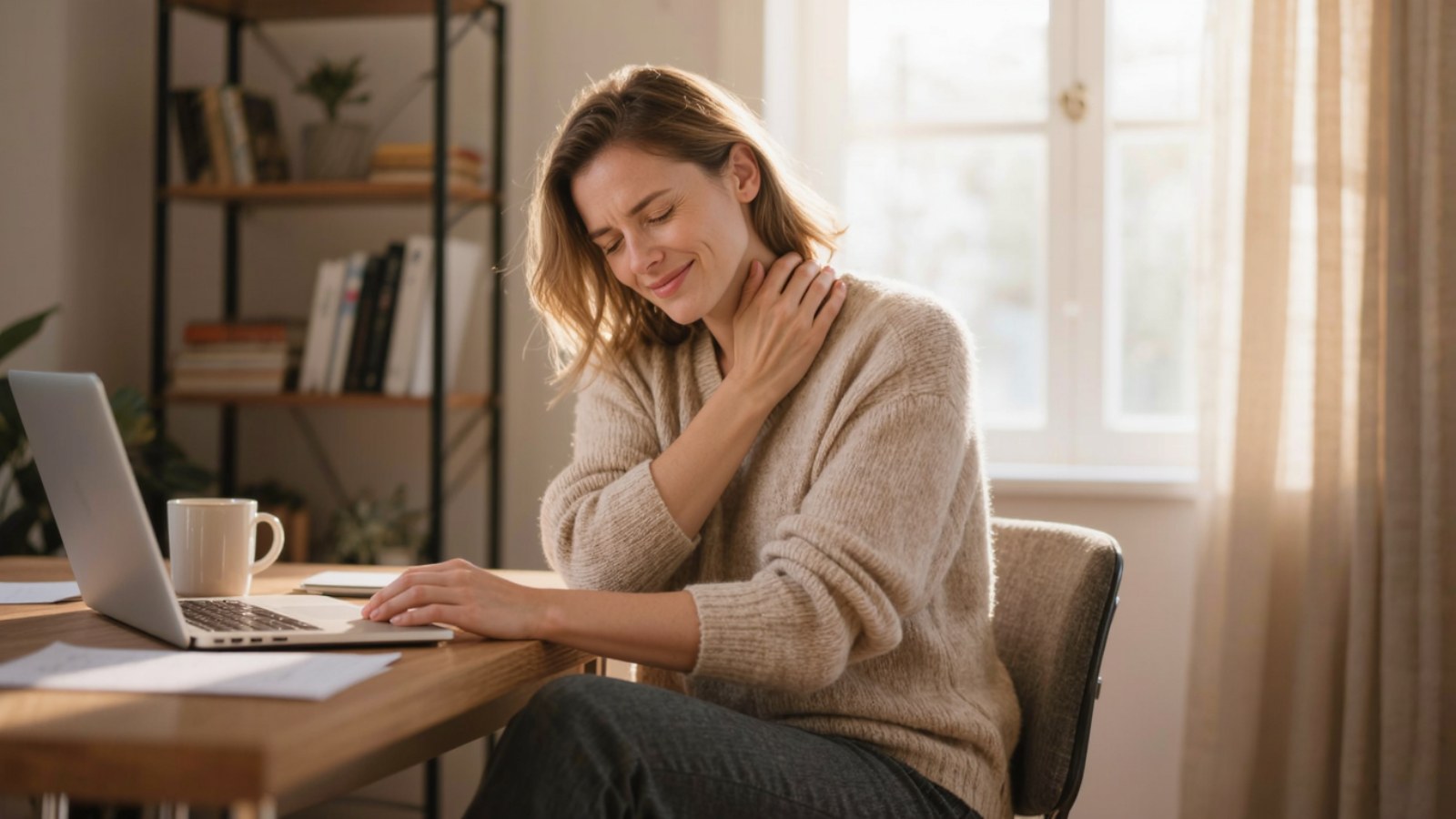 Can a pinched nerve heal on its own - woman with neck and arm nerve pain at her desk in Lombard IL