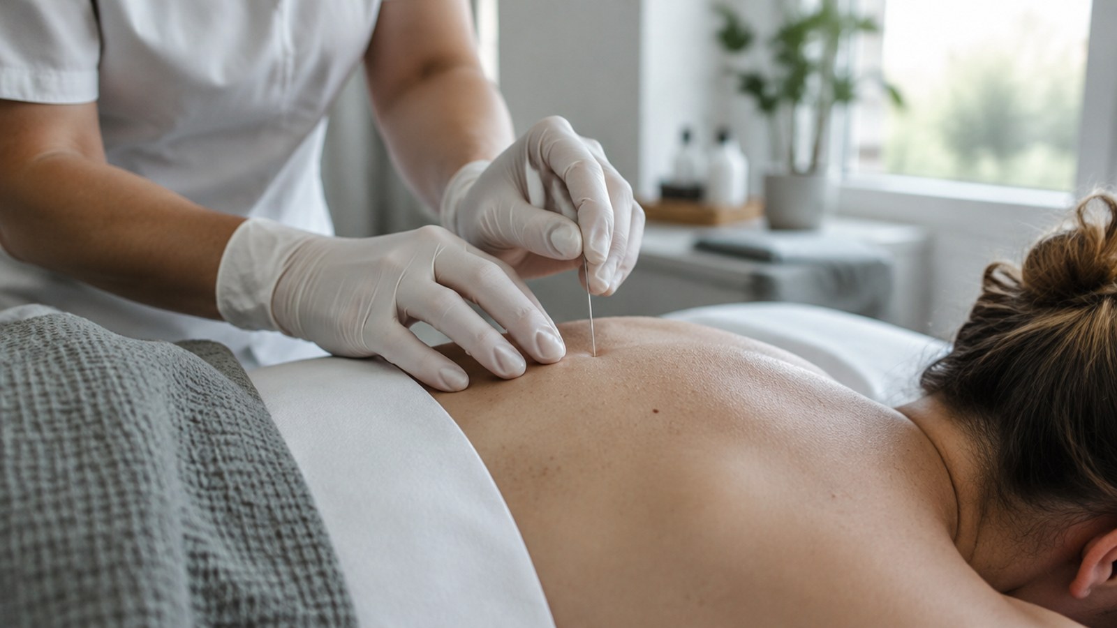 Acupuncture for fertility support: a practitioner places a thin acupuncture needle in a patient's upper back during a visit in Lombard, IL